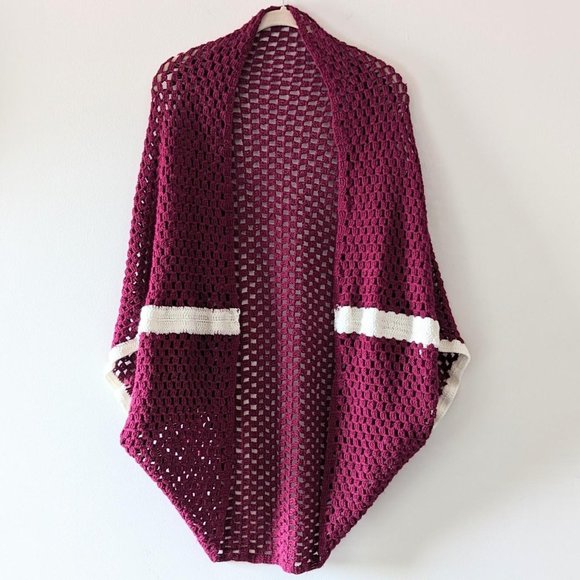 Vintage Sweaters - VINTAGE Burgundy Knit Shawl  Short Sleeve Shawl Cardigan Boho Hippie Festival